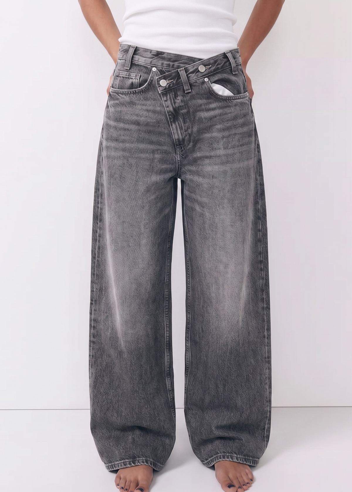 High Waist wide leg 2 Button Jeans - Grau