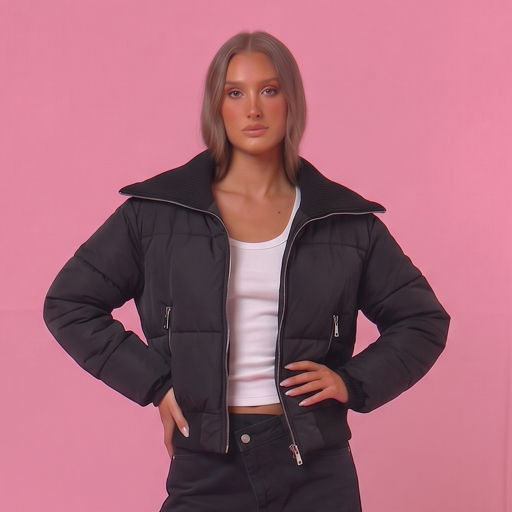 Wide Collar Puffer Jacket - Schwarz