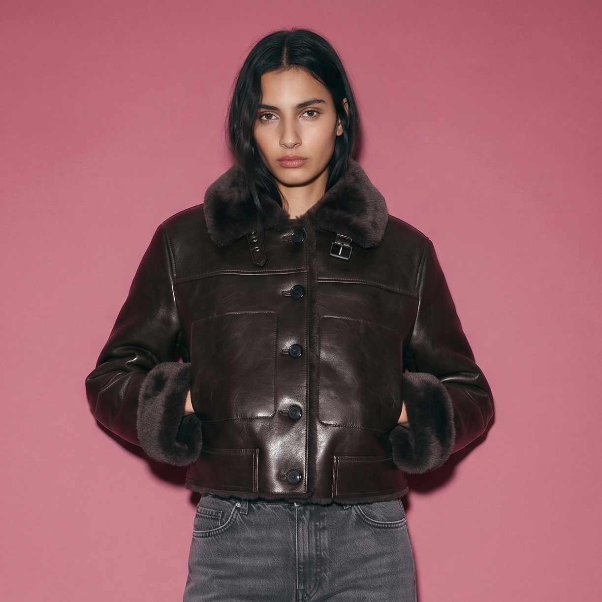 Leather Fur Jacke - Brown