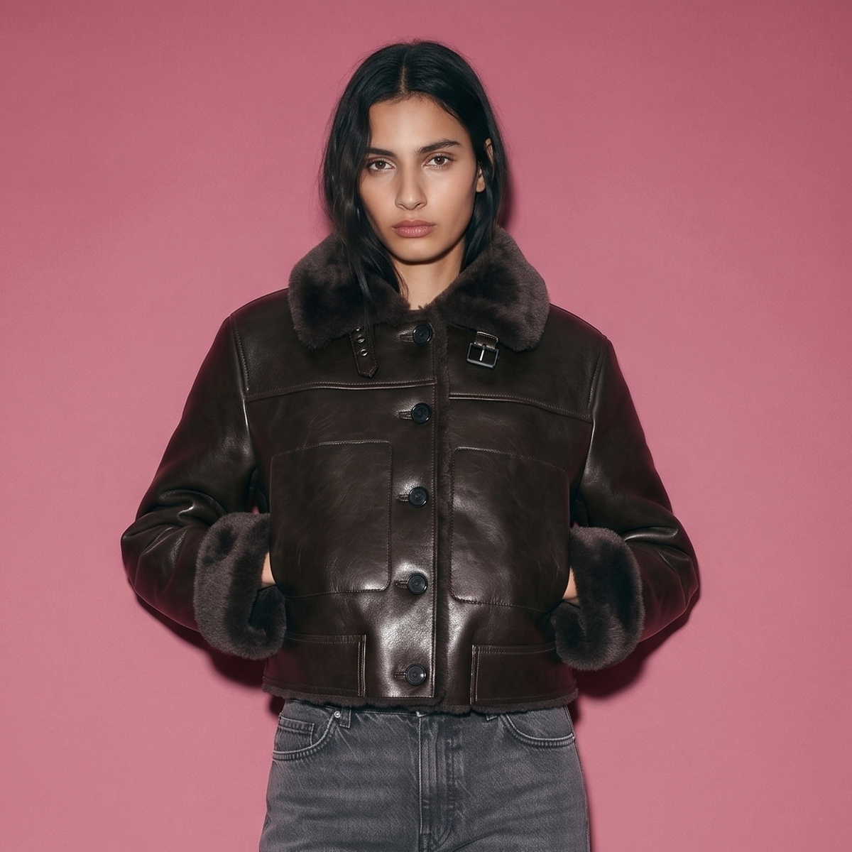 Leather Fur Jacke - Brown