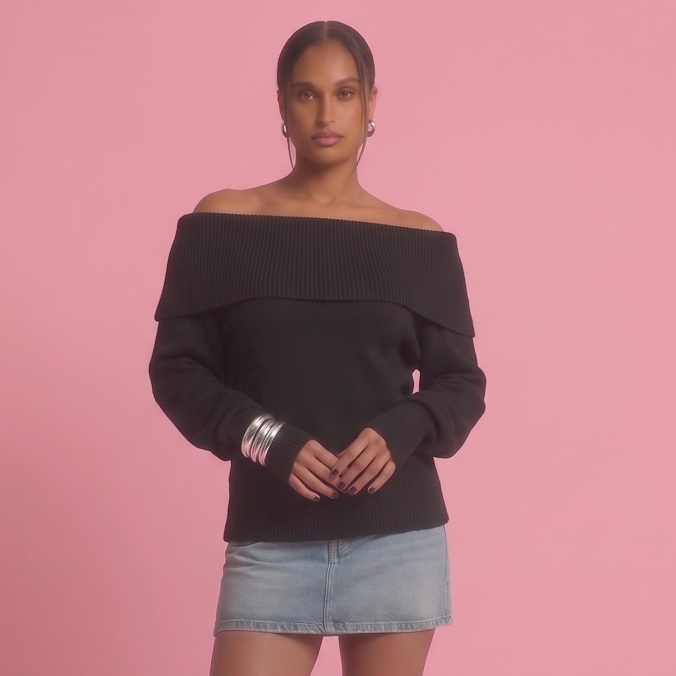 Long Sleeve Knitted Pullover - Schwarz