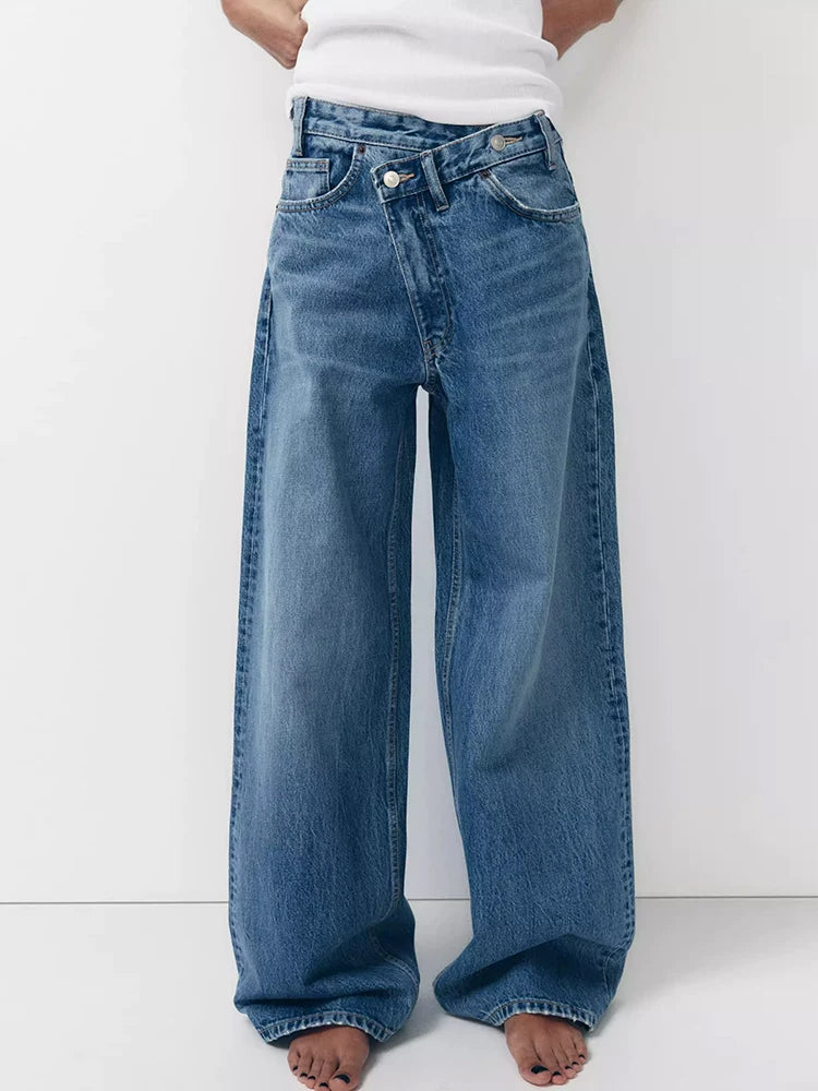High Waist wide leg 2 Button Jeans - Blau