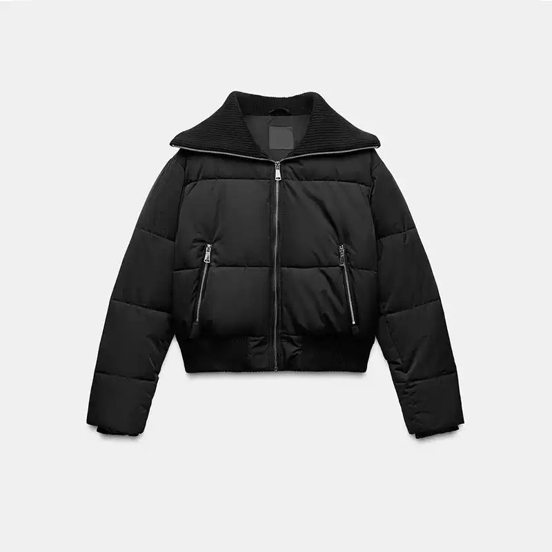 Wide Collar Puffer Jacket - Schwarz